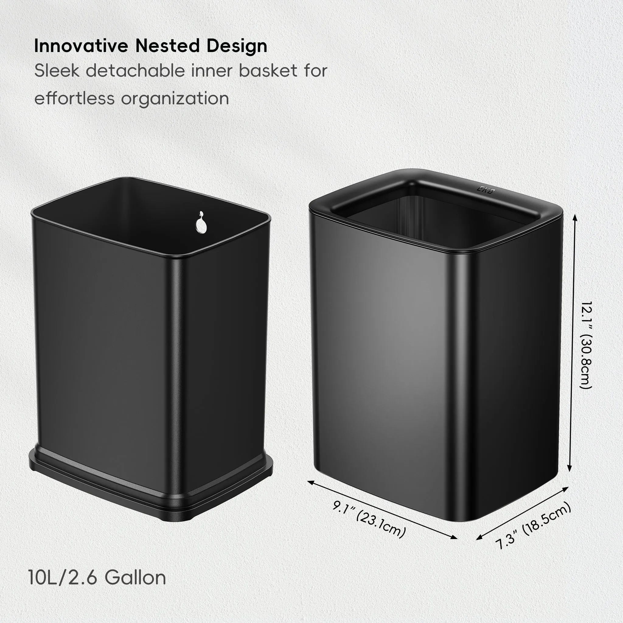 Laguna 2.6 Gallon/10L Open Top Trash Can with Removable Inner Basket,Matte Black