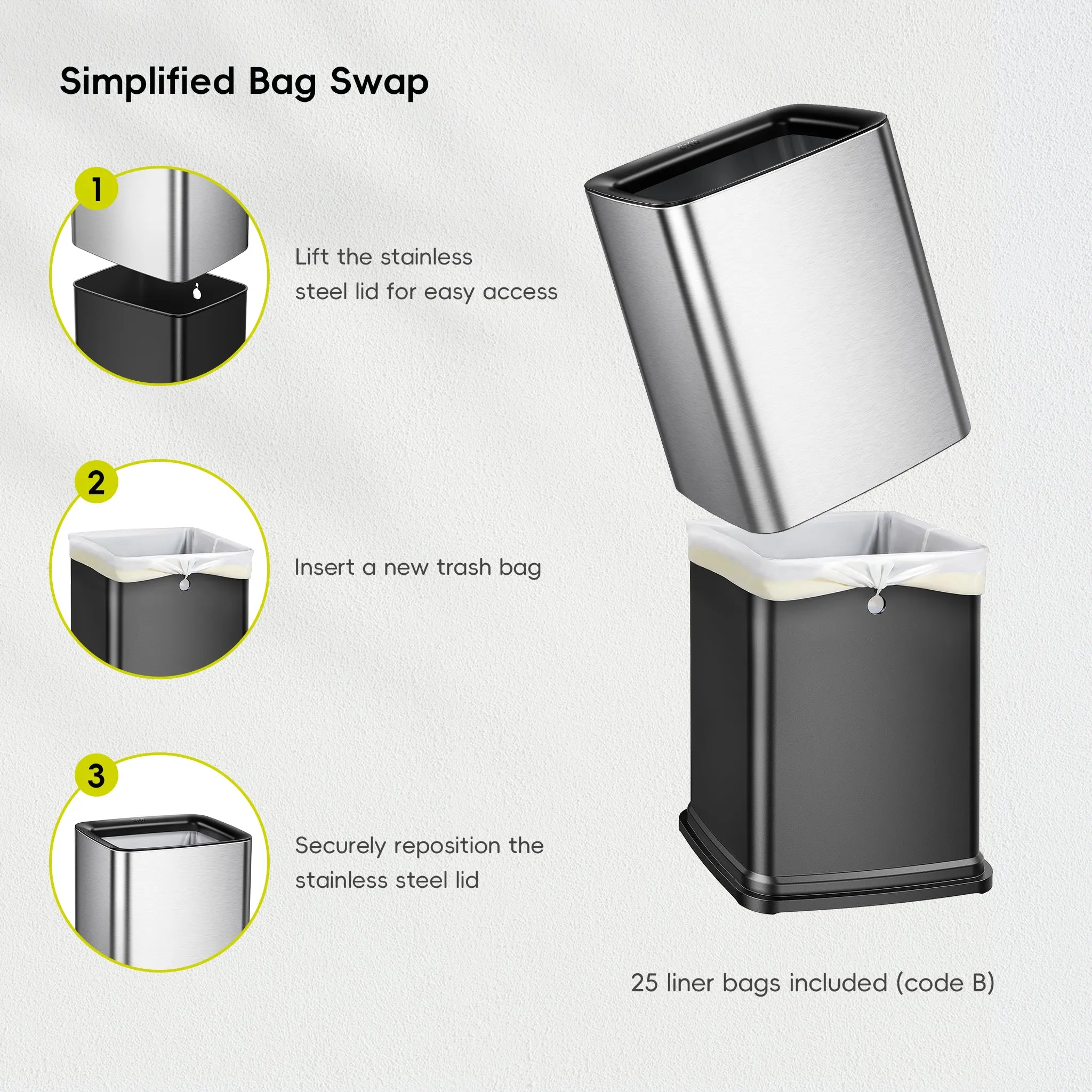Laguna 2.6 Gallon/10L Open Top Trash Can with Removable Inner Basket,Matte Stainless Steel