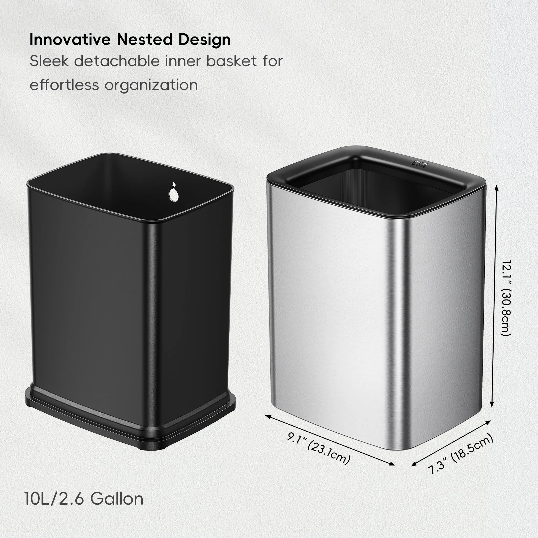 Laguna 2.6 Gallon/10L Open Top Trash Can with Removable Inner Basket,Matte Stainless Steel